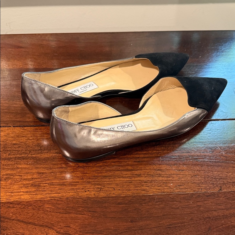 Jimmy Choo Black Suede and Silver Leather Pointed Toe Flats - Picture 5 of 5